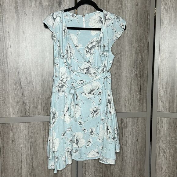 Free People Wrap Dress Size S Mini V Neckline Ruffle Floral Romantic Blue - Picture 1 of 8